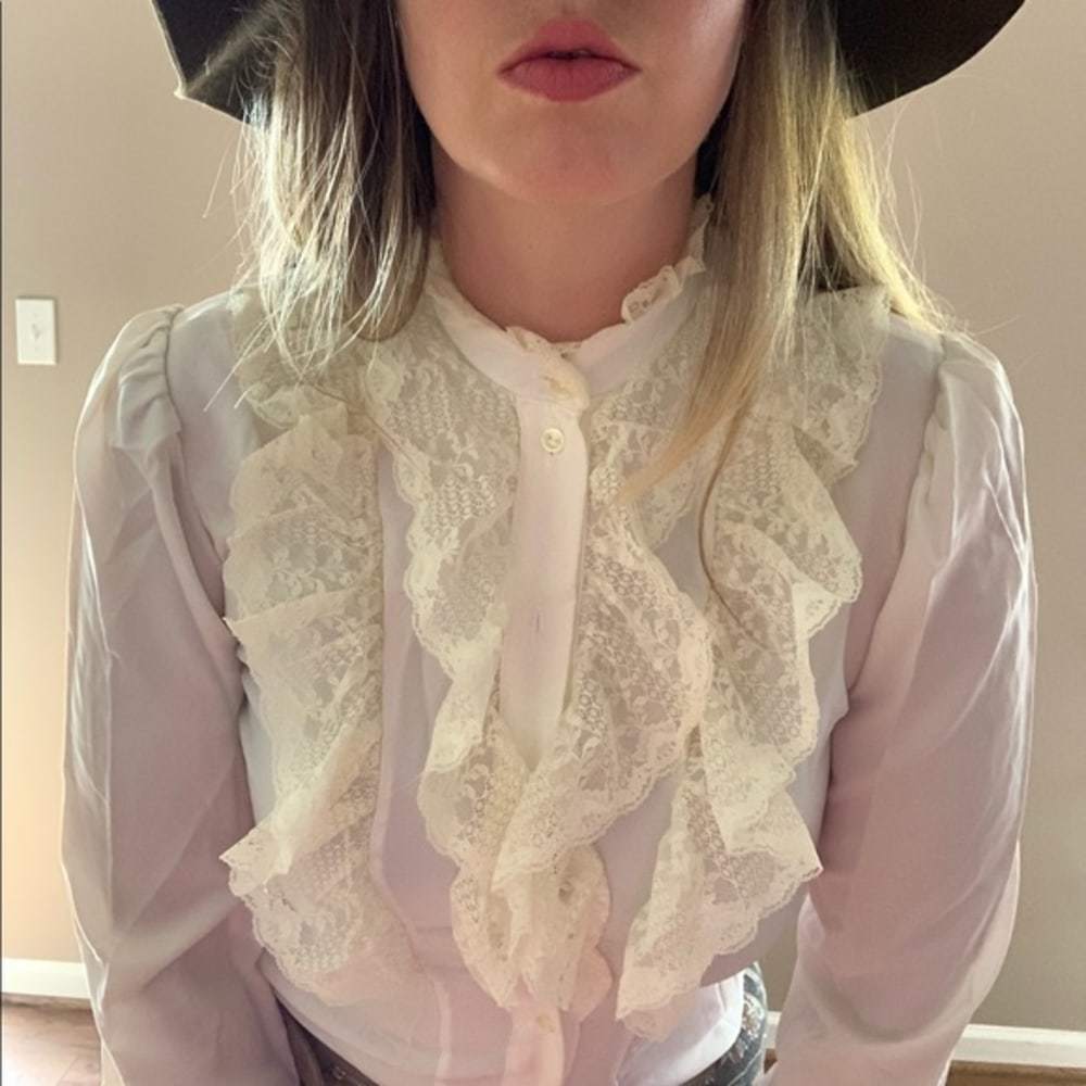 Vintage 1970s High Neck Victorian Lace Blouse - Picture 6 of 8
